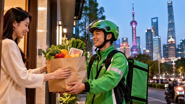 Quick commerce in China: delivery courier handing fresh groceries to a customer in Shanghai, illustrating rapid grocery delivery.