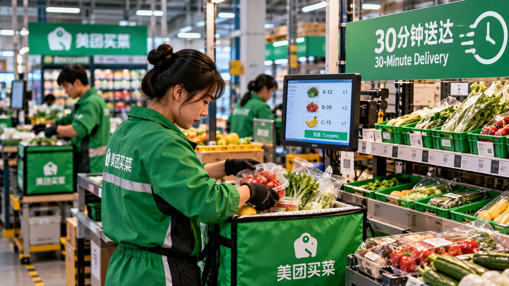 Quick commerce in China: workers preparing fresh grocery orders in an urban fulfillment center for 30-minute delivery.