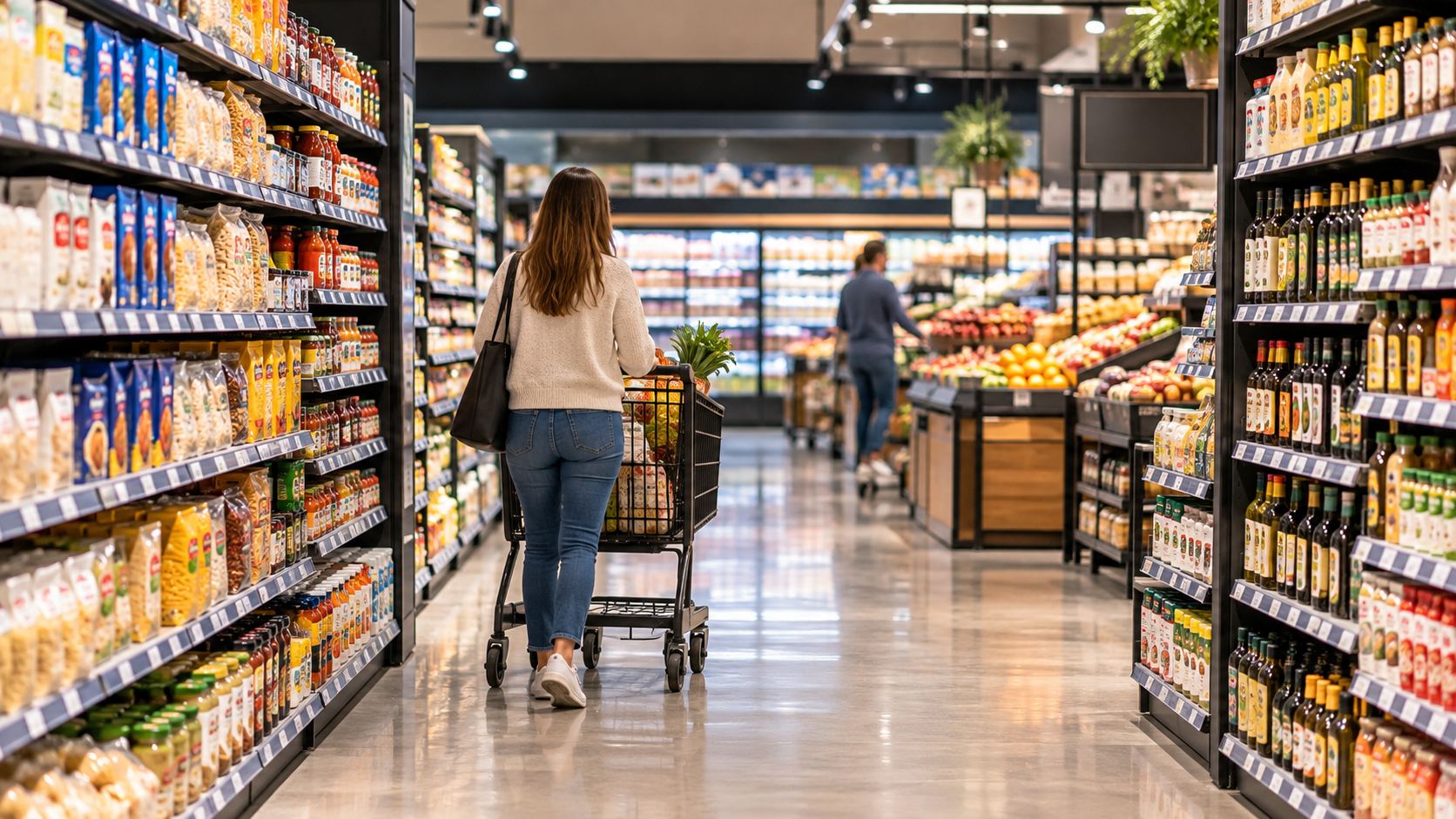 Woman shopping in a supermarket aisle filled with food products, illustrating how supermarkets choose products for their shelves.