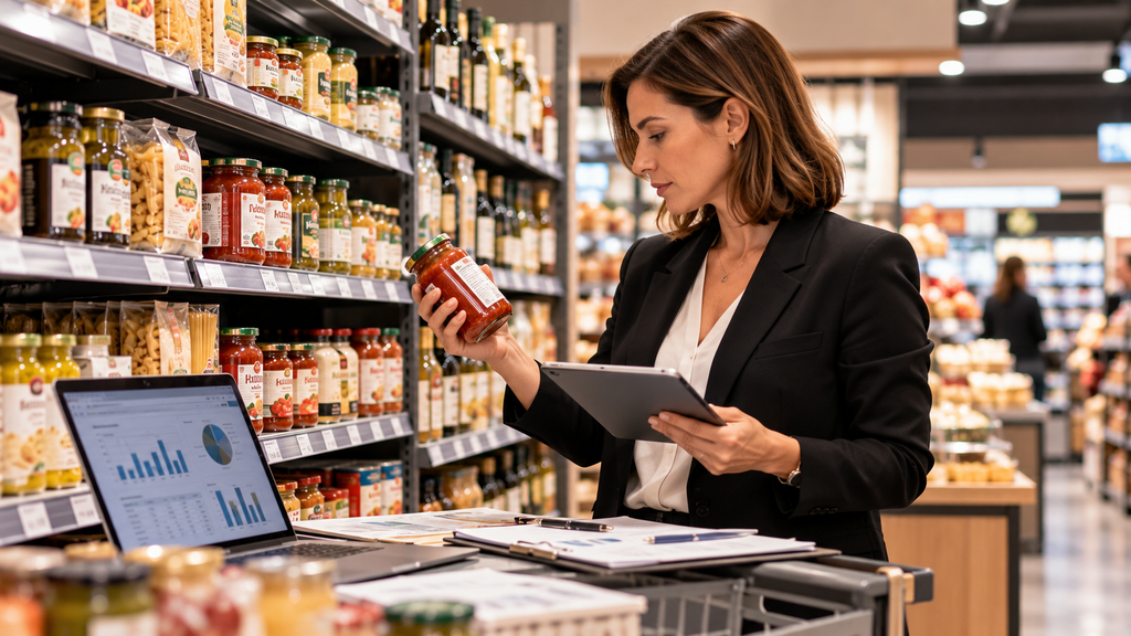 Grocery retail buyer evaluating food products and sales data to understand how supermarkets choose products for their shelves.